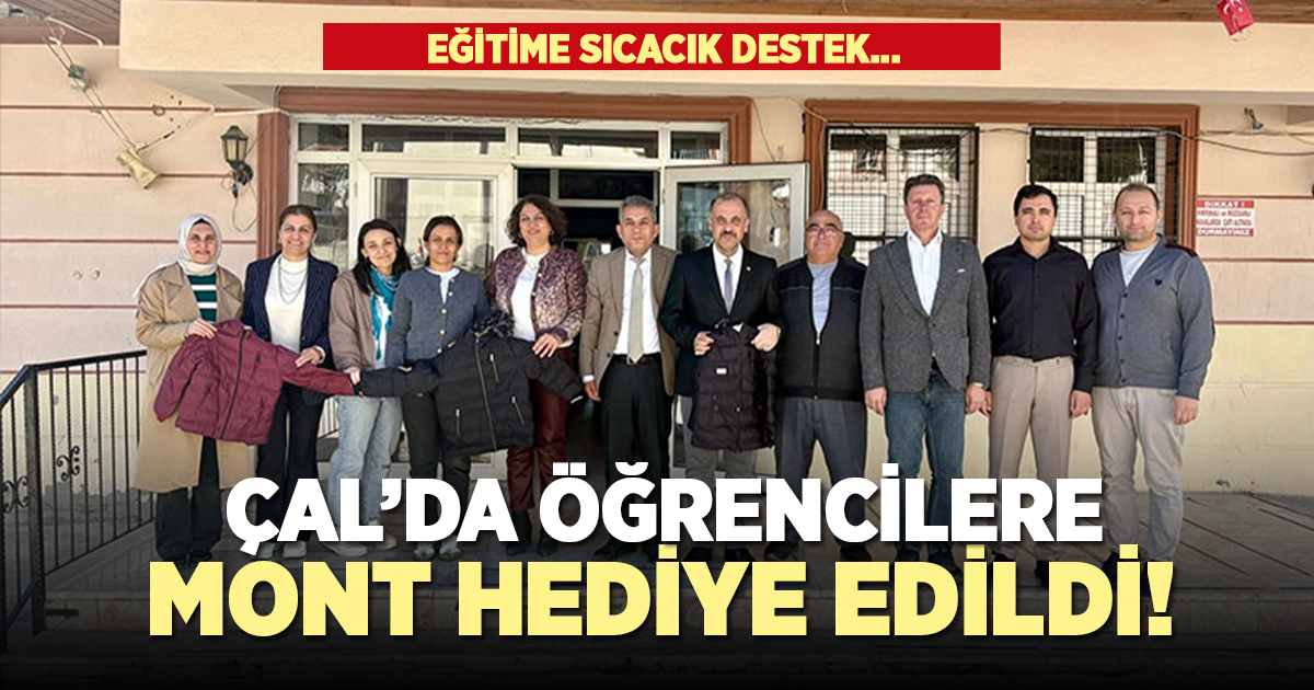Çal'da birinci sınıflara mont hediye edildi