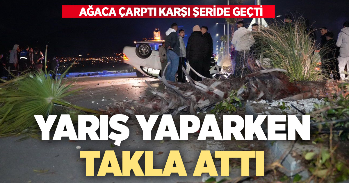 Çevre yolunda yarış yapan lüks araç hakimiyetini kaybetmesi sonucu önce refüjdeki ağaca ardından karşı şeride geçerek takla attı